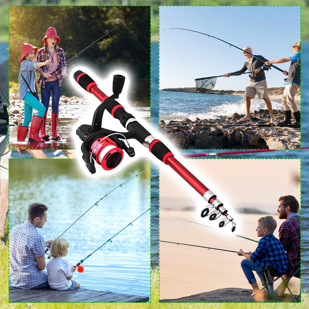 Set de Pesca para Niños, 1,8 M Caña de Pescar Telescópica con Carrete y Juego de Cebo, Caña de Pescar Telescópica de Fibra de Carbono, Accesorios para Niños de 3 a 10 Años