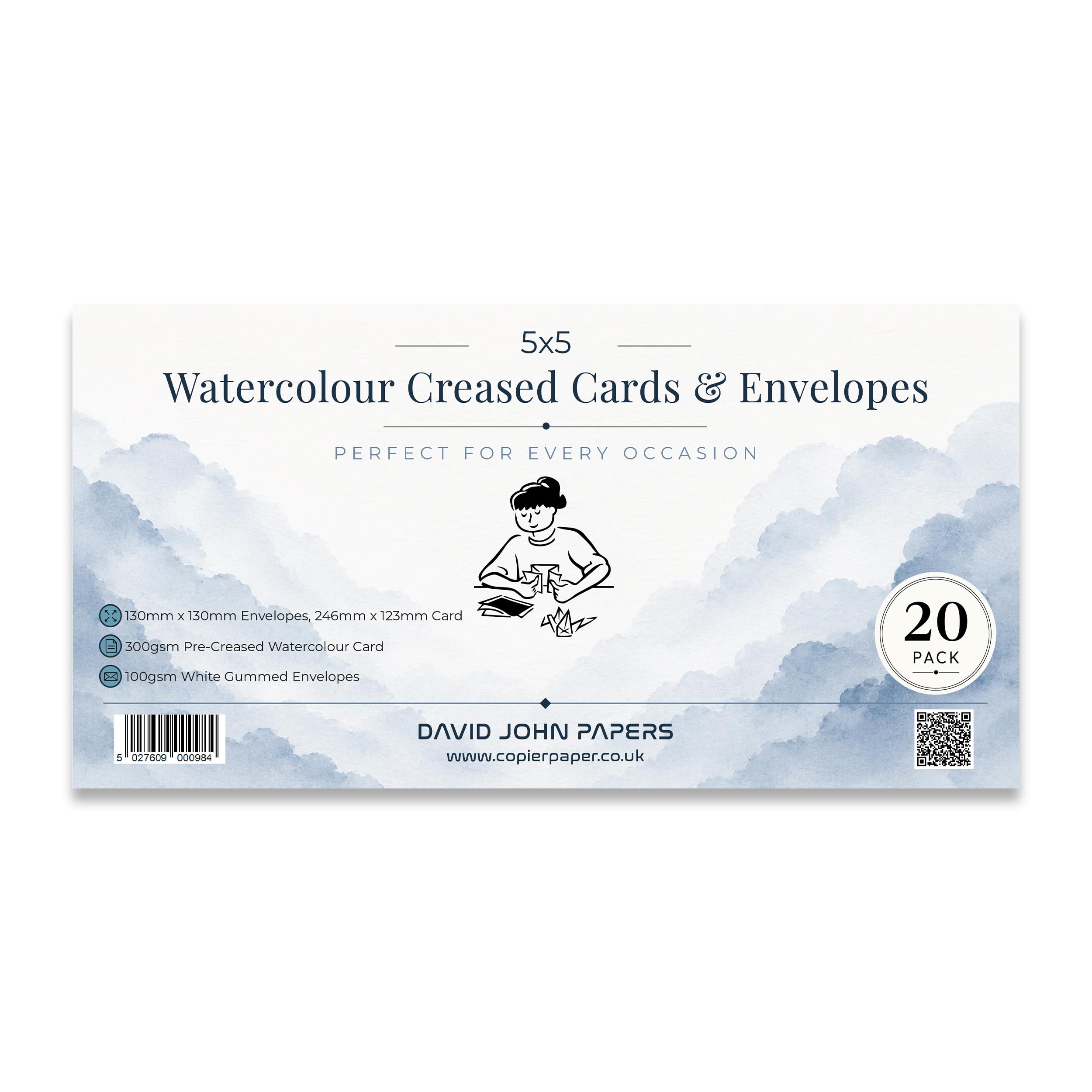 DJP Watercolour Creased Blank Greeting Cards & White Envelopes - Pack of 20 (5x5)