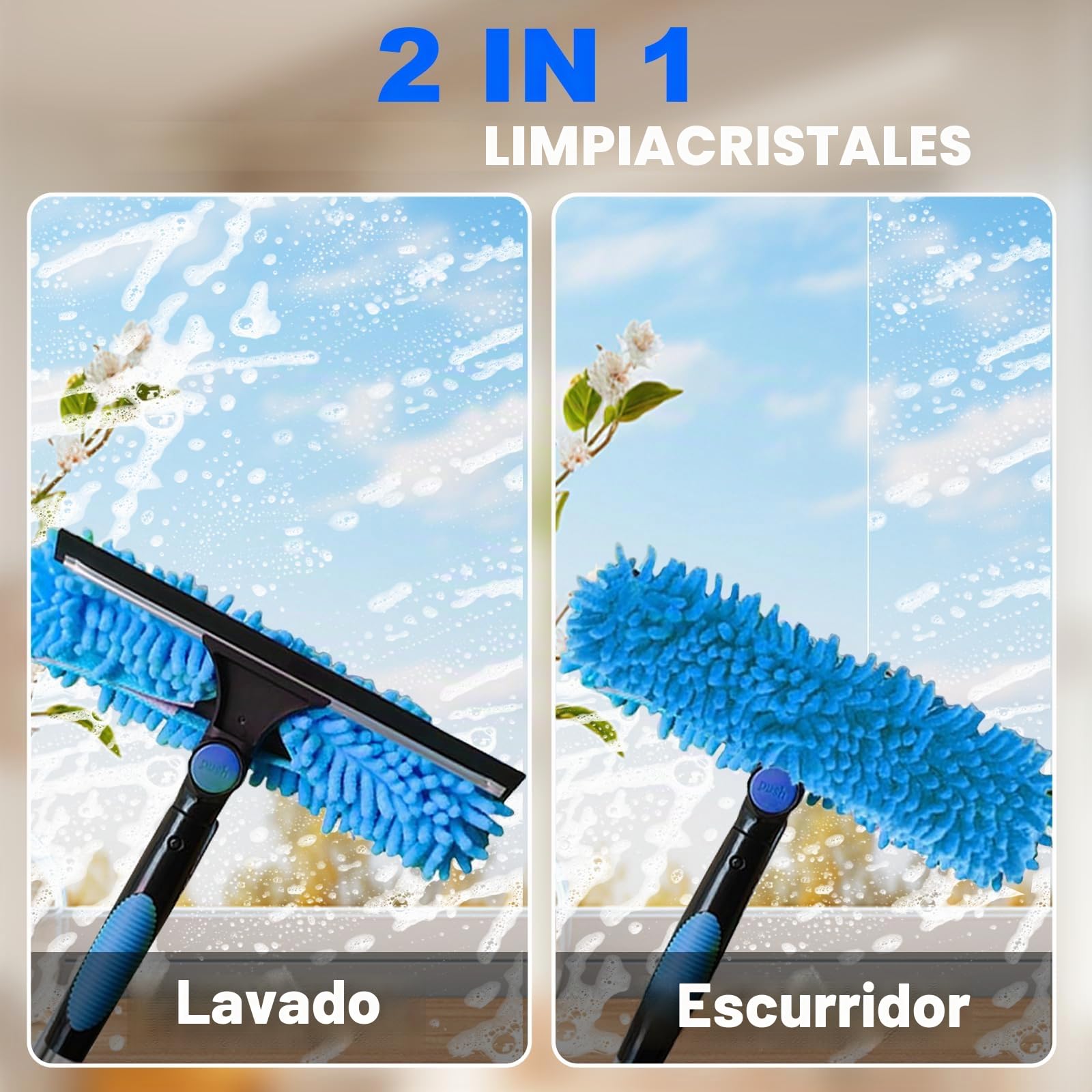 4,3 M Limpiacristales con Mango Extensible, Barra Telescópica 2 en 1, con 10 Palo, 2 Cepillo para Limpiar Juntas y 3 Paños de Microfibra y 1 Bolsa de Almacenamiento, para Ventanas Altas, Hogar, Pared