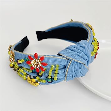QTMY Yapay Elmas Kristal Geniş Saç Bantları Düğüm Türban Moda Vintage Saç Bandı Elastik Saç Çemberleri Kadınlar Kızlar için Saç Aksesuarları (Mavi)