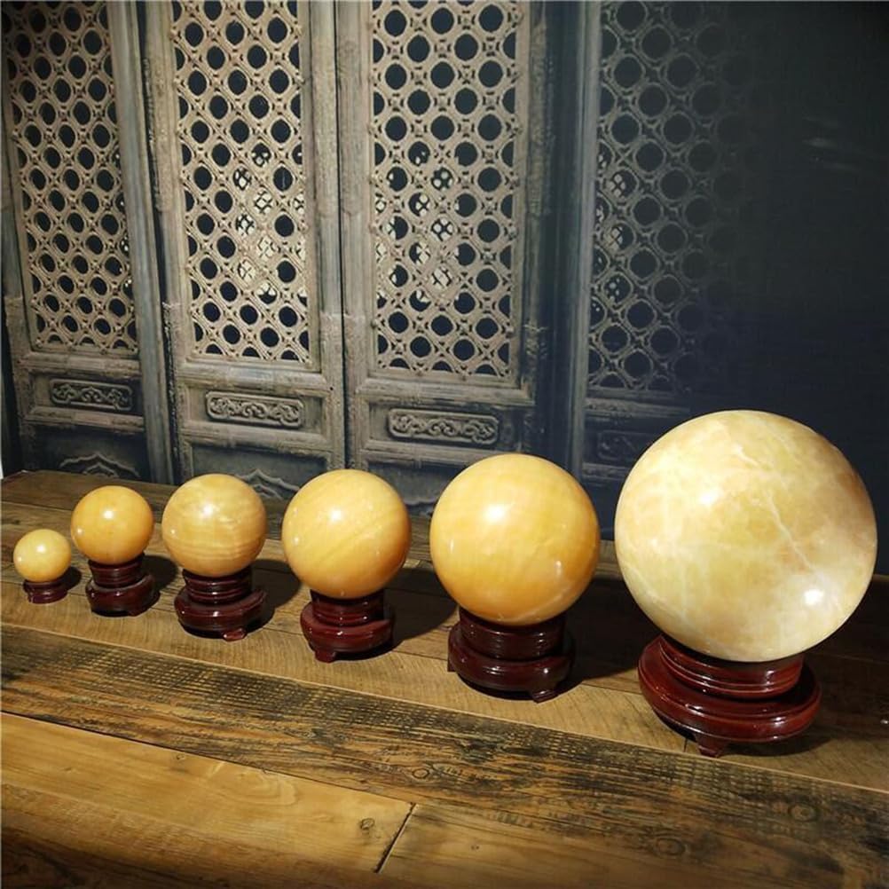 Large Yellow Jade Crystal Ball Beige Topaz Crystals Sphere with Wooden Stand Home Decor for, Feng Shui,4.7"(12cm)