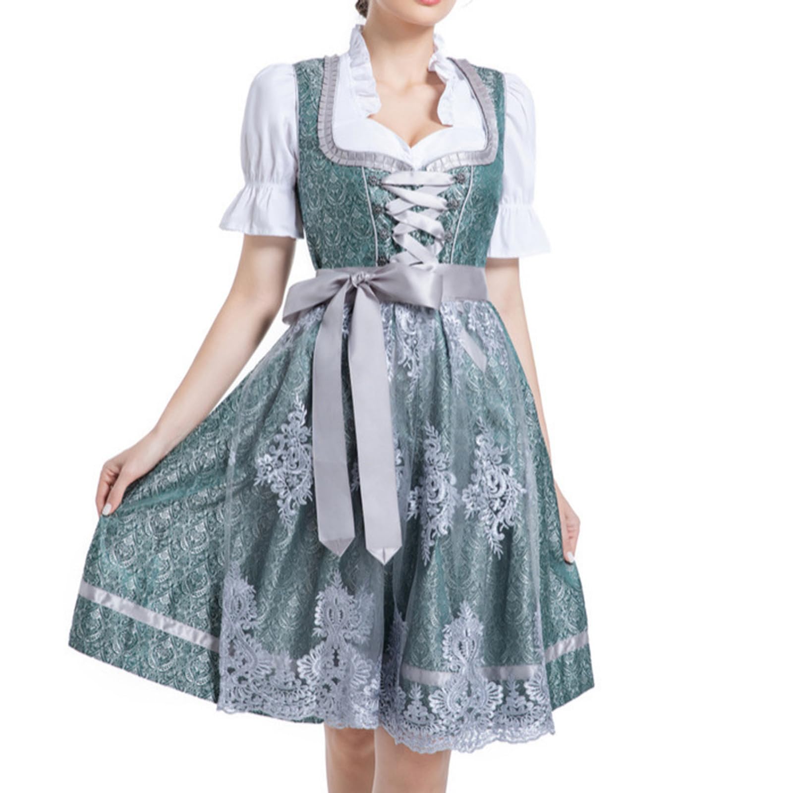 UHouse Dirndl Damen Midi Lang Dirndlkleid Spitzen Trachtenkleid Elegant Trachtenmode für Oktoberfest mit Spitzenschürze Trachtenrock inkl. Dirndlschürze Trachten Kleid