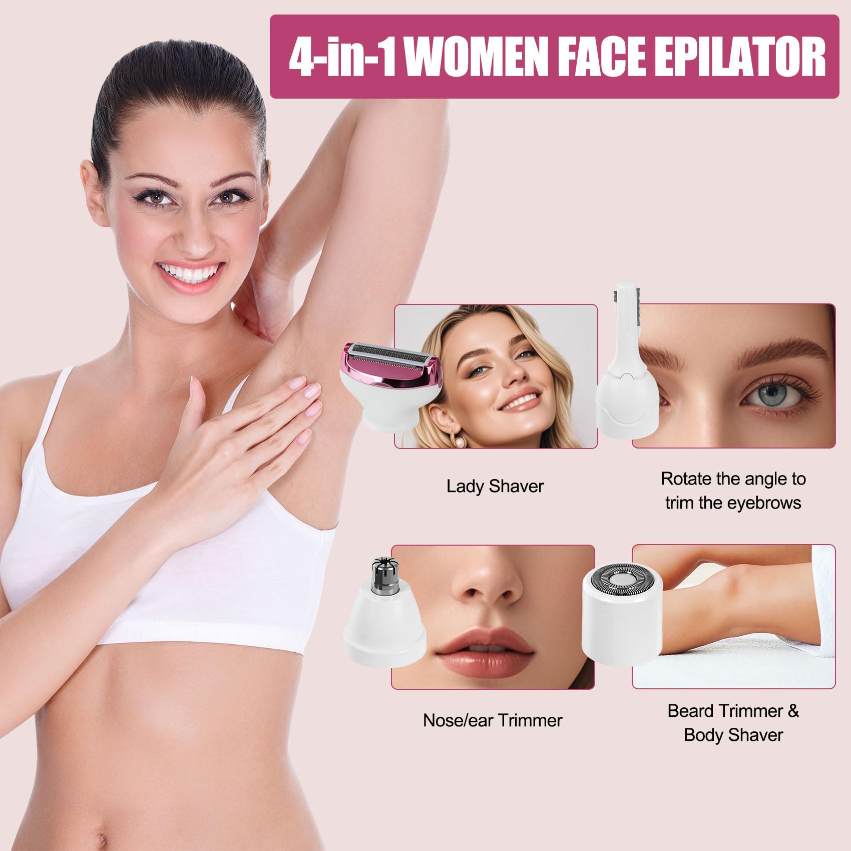 Women Face Epilator, 4-in-1 Portable Design Facial Epilator, Rechargeable Facial Hair Removal for Women & Men, Waterproof Facial Shaver for Face, Ears, Nose, Eyebrow, Body