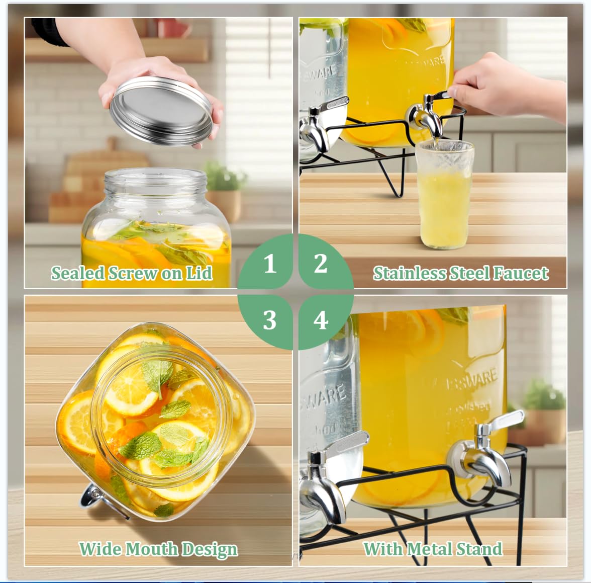 Hisredsun 2 x 4L Dispensador De Bebidas De Vidrio, Con Soporte De Metal | Dispensador de bebidas con grifo de acero inoxidable, fuente de agua y cóctel, perfecto para fiestas, bodas, cumpleaños