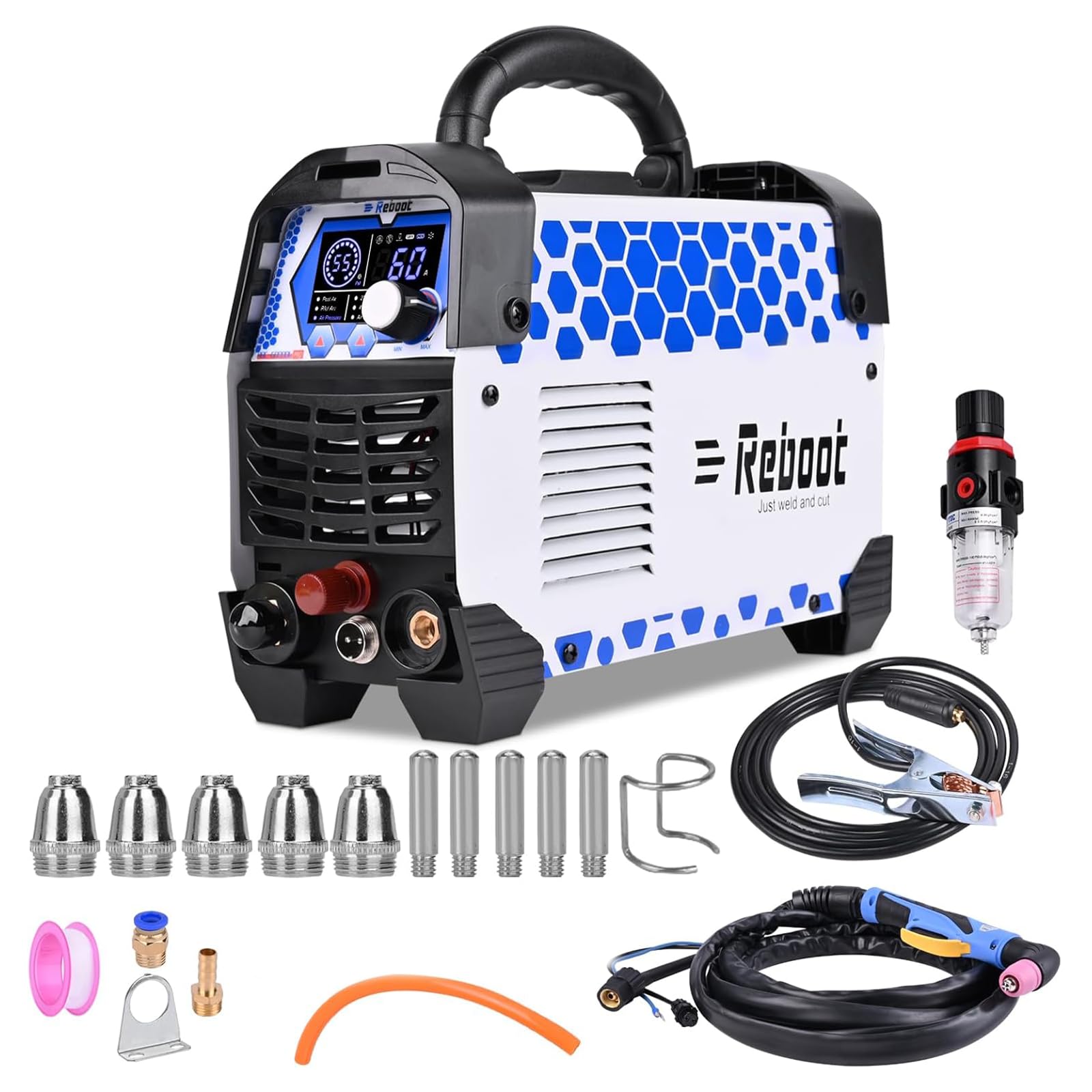 Reboot Plasma Cutter Non-Touch Pilot Arc 240V 60Amp Plasma Cutting Machine,High-Quality Consumable Set and Large Digital Display Easy Cut Upgrade RBC6000L
