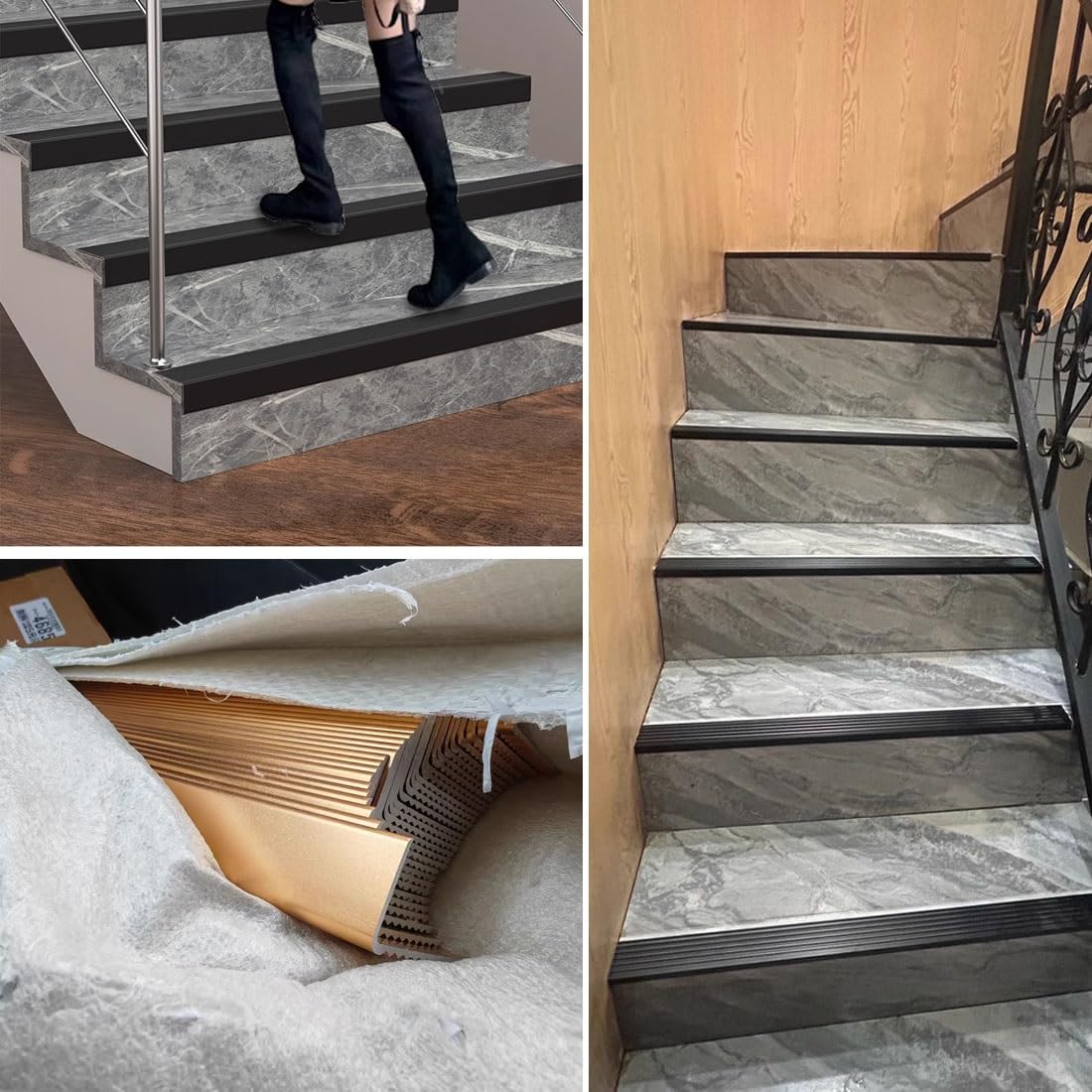 100 cm Protector de Borde de Escalera de Aluminio Marrón Autoadhesivo, 120 cm Perfil de Borde de Escalera de Metal Negro Antideslizante for Interior Exterior(Gray,150cm/59in)