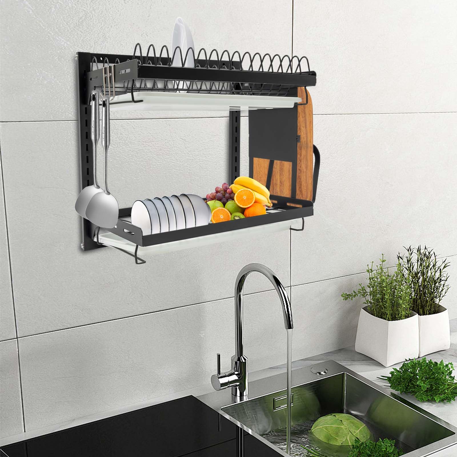 Organizador de cocina de 2 niveles, acero inoxidable montado en la pared | Soporte para cuchillos de cocina con bandeja de goteo, tabla de cortar y 3 ganchos para cocina, cafetería bar