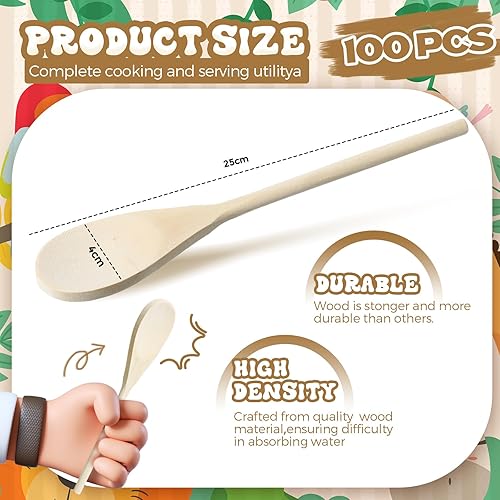 Miniatura 2 de Maxcheck 100 cucharas de madera de 10 pulgadas, cucharas ovaladas para cocinar y servir para cocina, hornear, revolver, comer y degustar