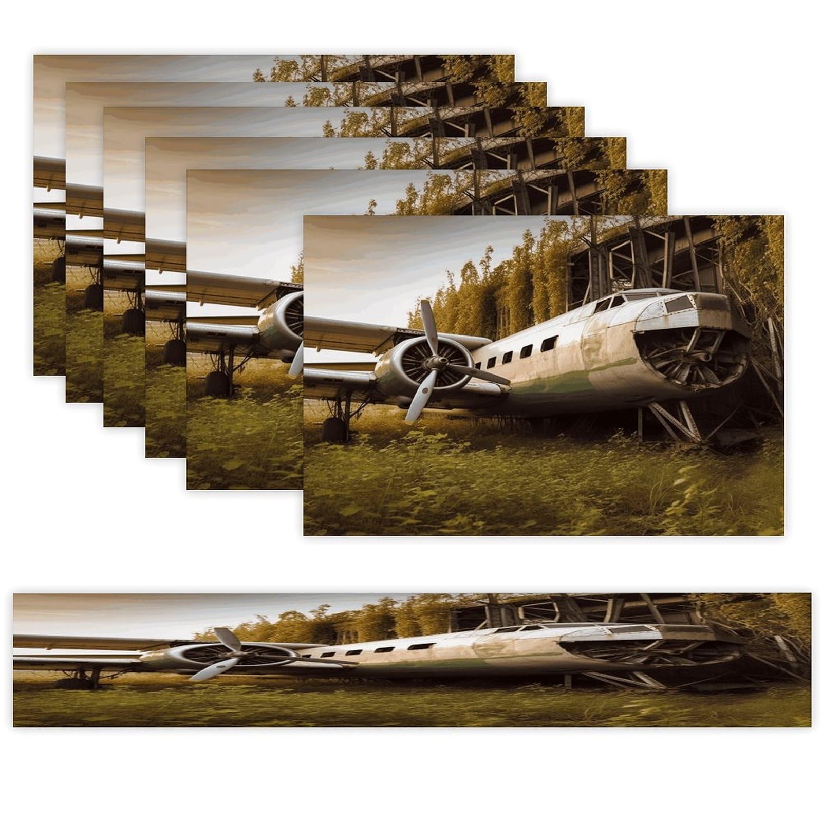 Abandoned Plane Table Runner and Placemats Set of 6 Wipe Clean Heat Resistant Table Mat with Table Runner Decorations Flax Linen Place Mat Set for Home Kitchen Party Supplies