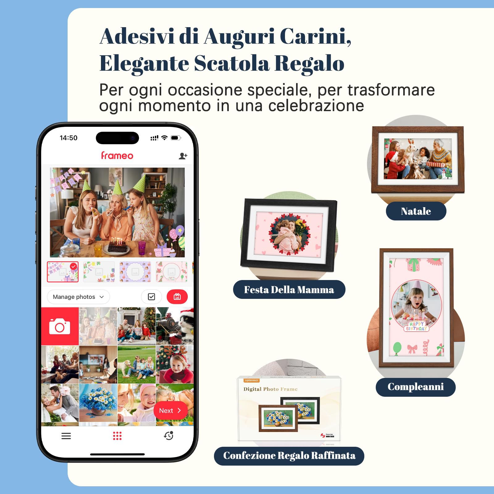 Frameo Cornice Digitale WiFi 10,1 Pollici 1280 x 800 HD IPS Touch Screen Memoria 32 GB Portafoto Digitale in Legno di Noce Rotazione Automatica Condividi Foto e Video con Frameo APP/USB/SD