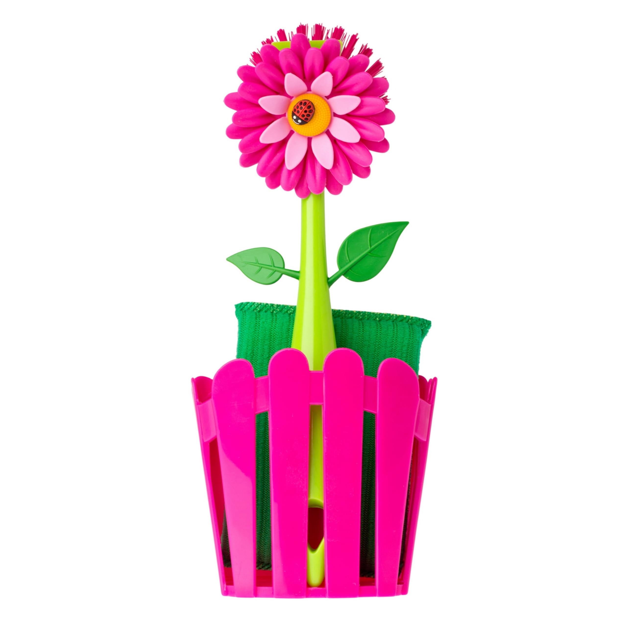 Flower Power 3-in-1 Kitchen Sink Caddy Set, Flower-Shaped Dish Brush, Sponge, Fence-shaped Holder and Suction Cup, Ideal Sink Organizer, Pink