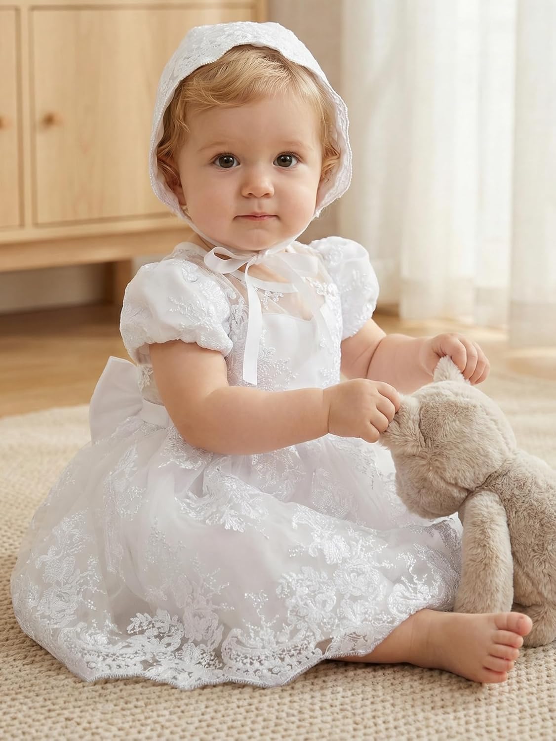 Girls Christening Baptism Dress, White Lace Embroidered Gown with Bonnet, Formal Ceremony Outfit