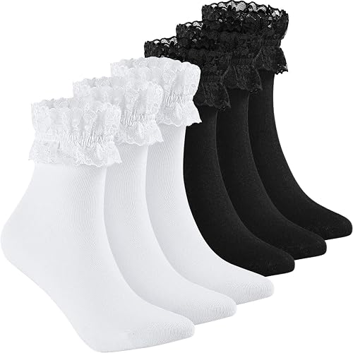 SATINIOR 6 Pairs Ruffle Lace Ankle Socks Frilly Socks Women Princess(Black, White) - 00-1 - Black, White