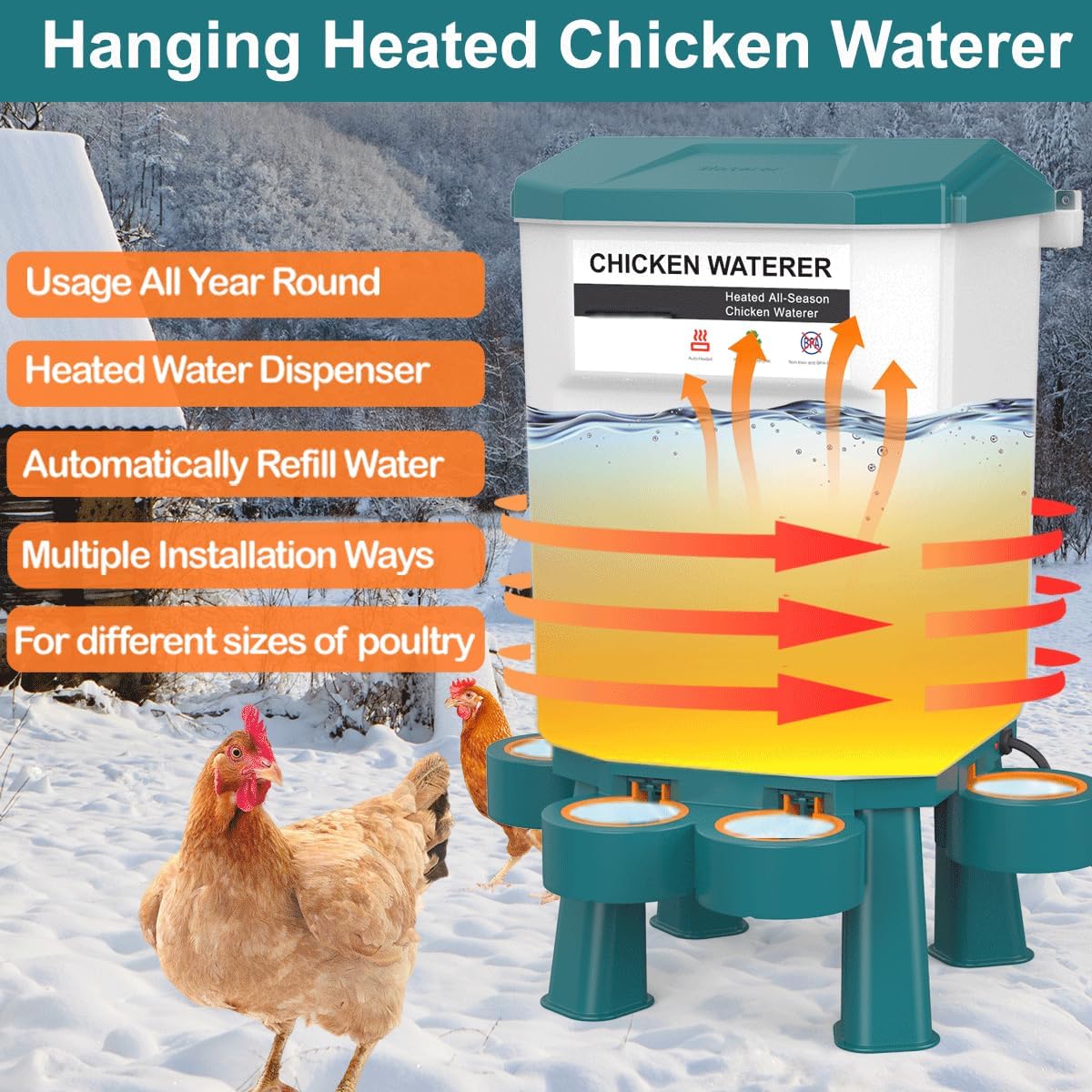 Hanging Heated Chicken Waterer, 3 Gallon Plastic Chicken Water Heater Heated Poultry Drinker, Detachable Legs, Winter and Summer Dual-use, Poultry Water Heater for Chicken Goose Duck - Dark Blue