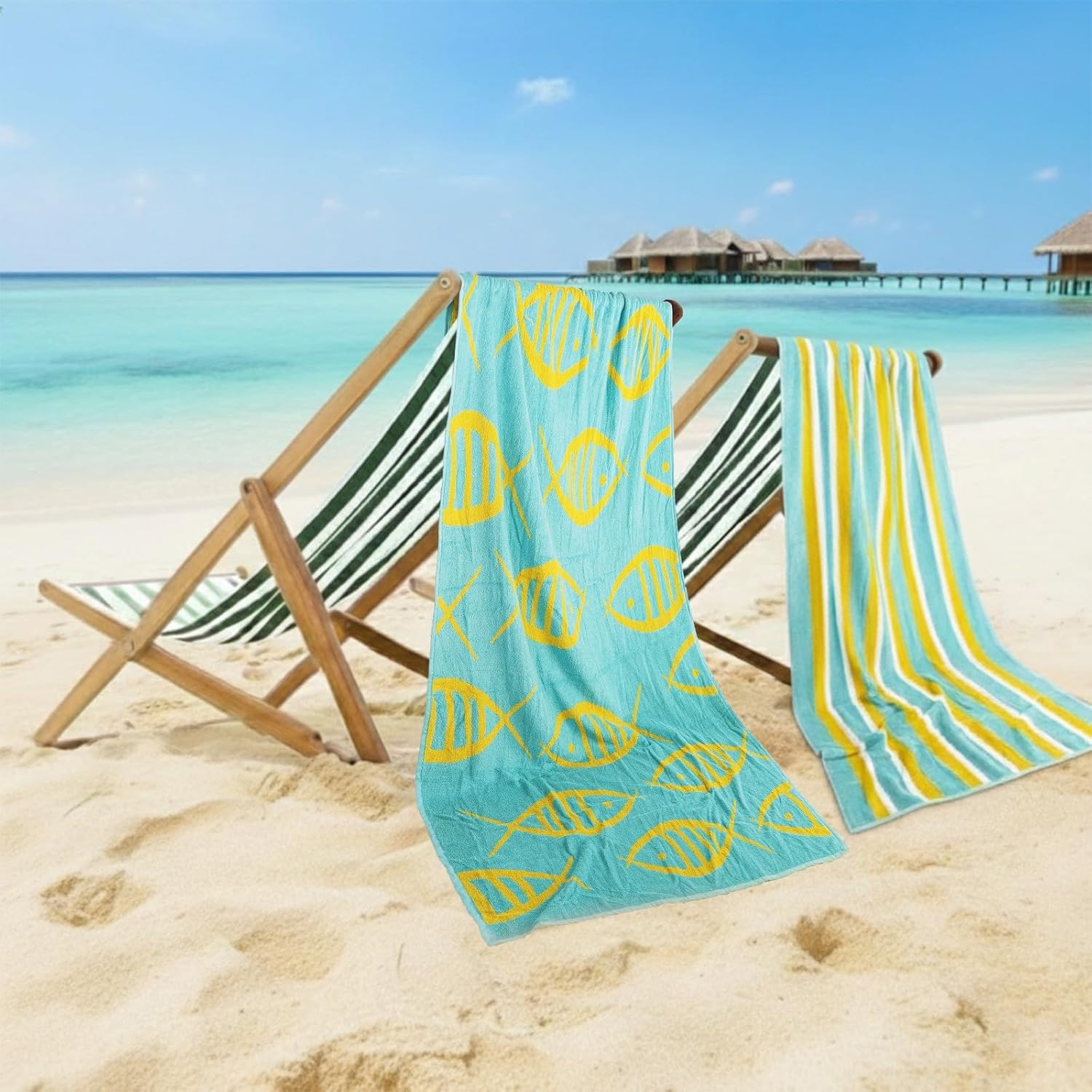 CASA COPENHAGEN Miami Bath Towels Designed in Denmark Rough and Tough, Quick Dry, for Pool, Bath & Shower 30"x60", 2 Pieces Cotton Beach Towels Set - Fish Teal + Yellow Stripe