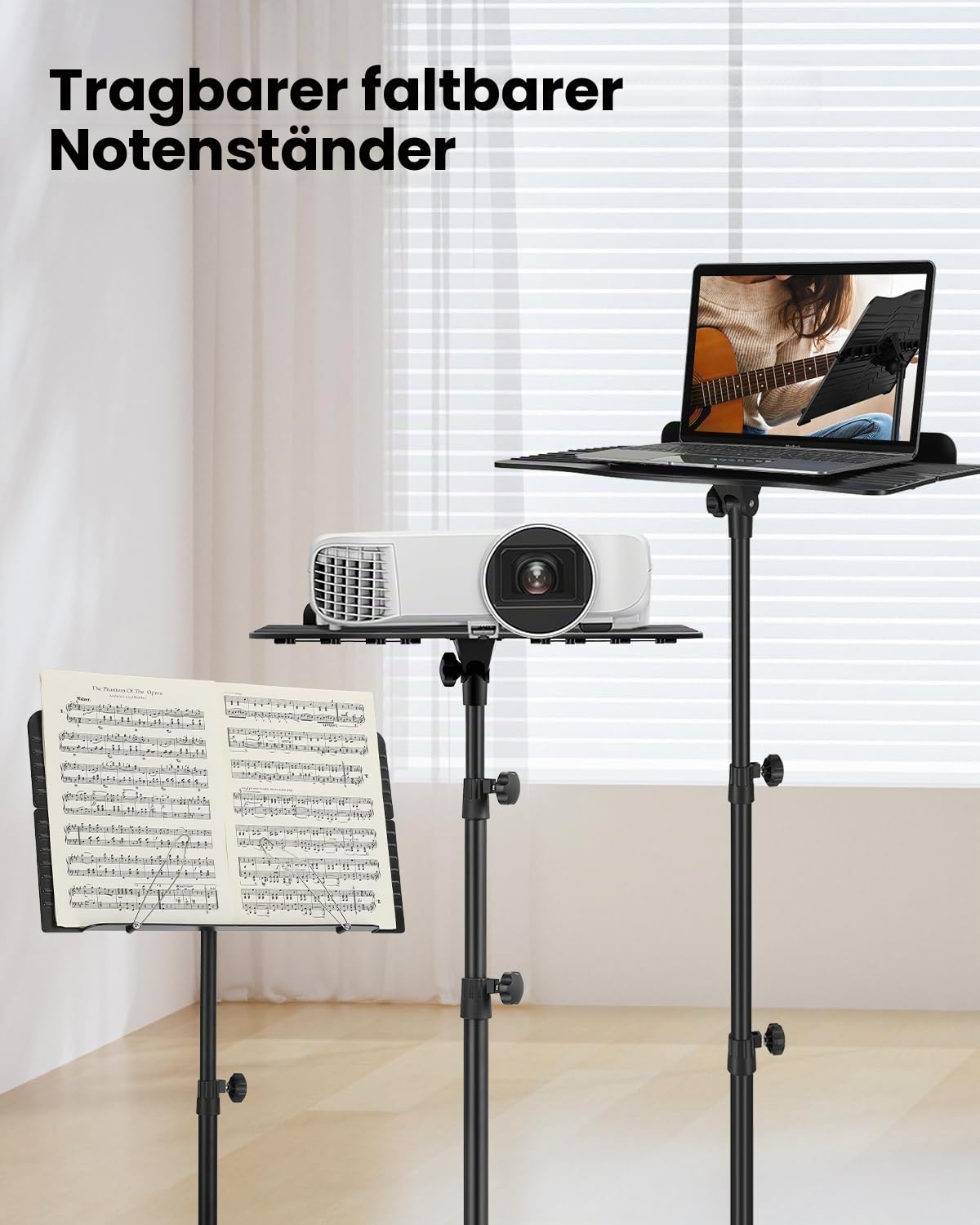 Donner Notenständer Faltbarer Reise-Metallständer Verstellbar DMS-1 mit Tragetasche, drehbares aufladbares Musiklicht und Clip-Halterung, tragbarer Projektorständer, Laptop-Ständer, Musikordner