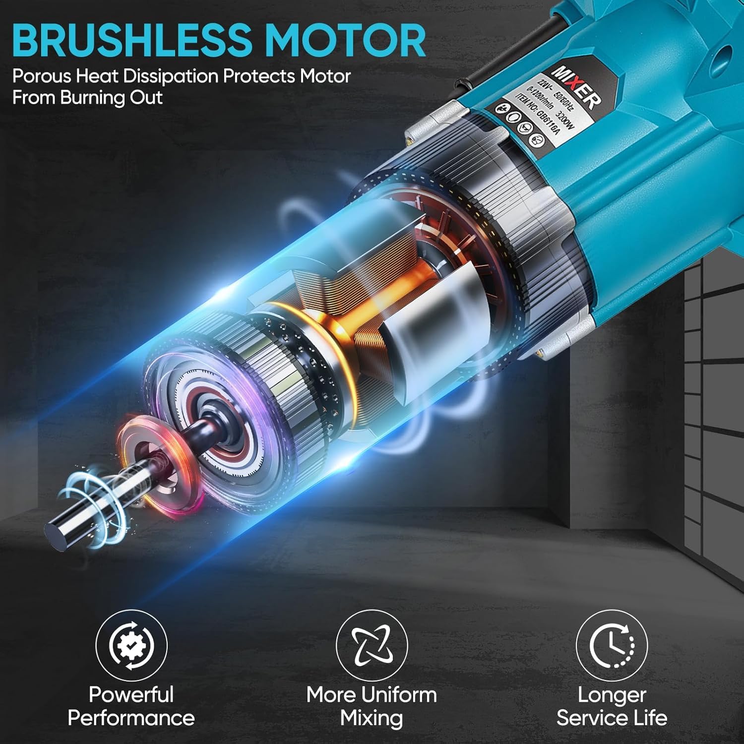 TYH Mezcladora De Cemento Eléctrica De 3200 W para Hormigón, Hormigón, Yeso, Mortero Y Pintura, con Paletas Mezcladoras, Motor Sin Escobillas, 6 Velocidades, Interruptor De Bloqueo Y Velocidad