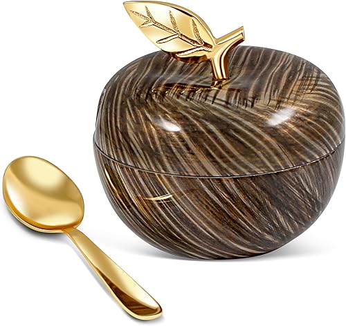 Zion Judaica Rosh Hashanah - Tarro de miel en forma de manzana con cuchara para inmersión de manzana, elegante maceta de miel chapada en níquel con