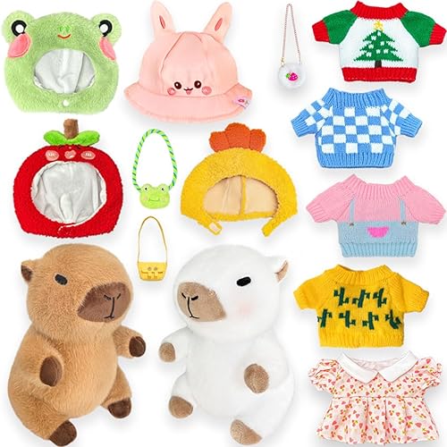 2 Capybara - Peluche de 2 piezas con 12 piezas de ropa y accesorios, juguetes de peluche de Capybara de 10.2 pulgadas, lindos peluches para