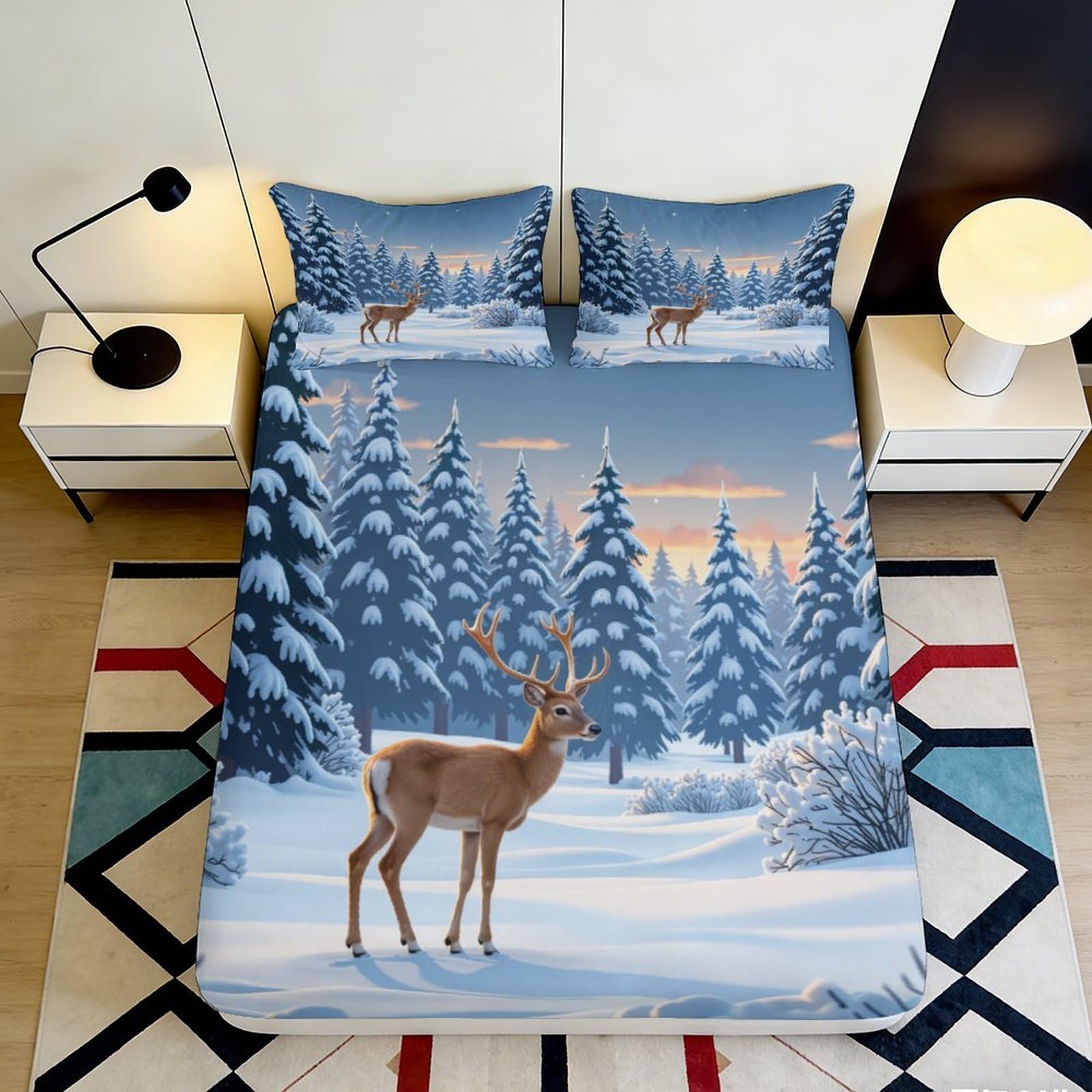 3D Printed Forest Deer Fitted Sheet Microfiber Deep Pocket Bedroom Bedding Forest Deer Mattress Fitted Cover Non-Slip Washable 140x200x25cm
