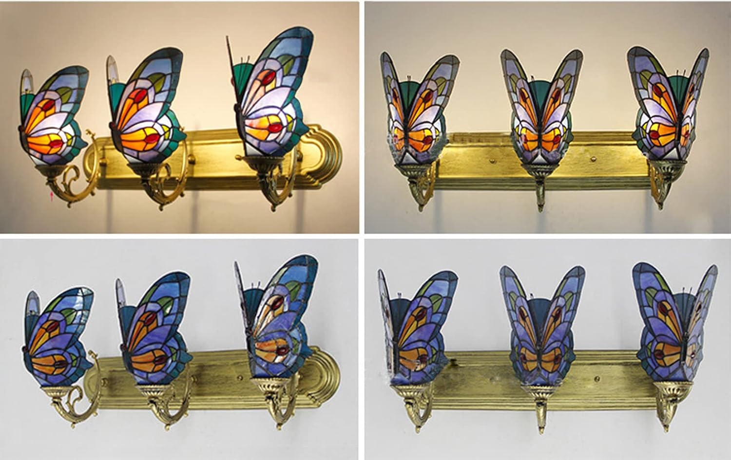 Tiffany Style 3-Armed Bathroom Vanity Lights Butterfly Stained Glass Sconce Lamps European Retro Mirror Front Lamp for Bathroom Make Up Hallway, 24"*11.8",B