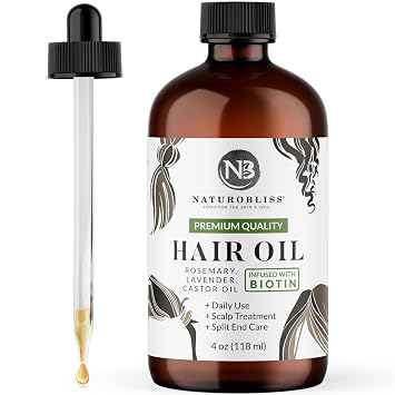 NaturoBliss Castor Rosemary Lavender Hair Oil 100% Pure and Natural-Best Oil for Hair Care, Eyelashes and Eyebrows-Hair and Body Oil-Infused with Biotin-Expeller-Pressed and Hexane-Free 4 Fl Oz