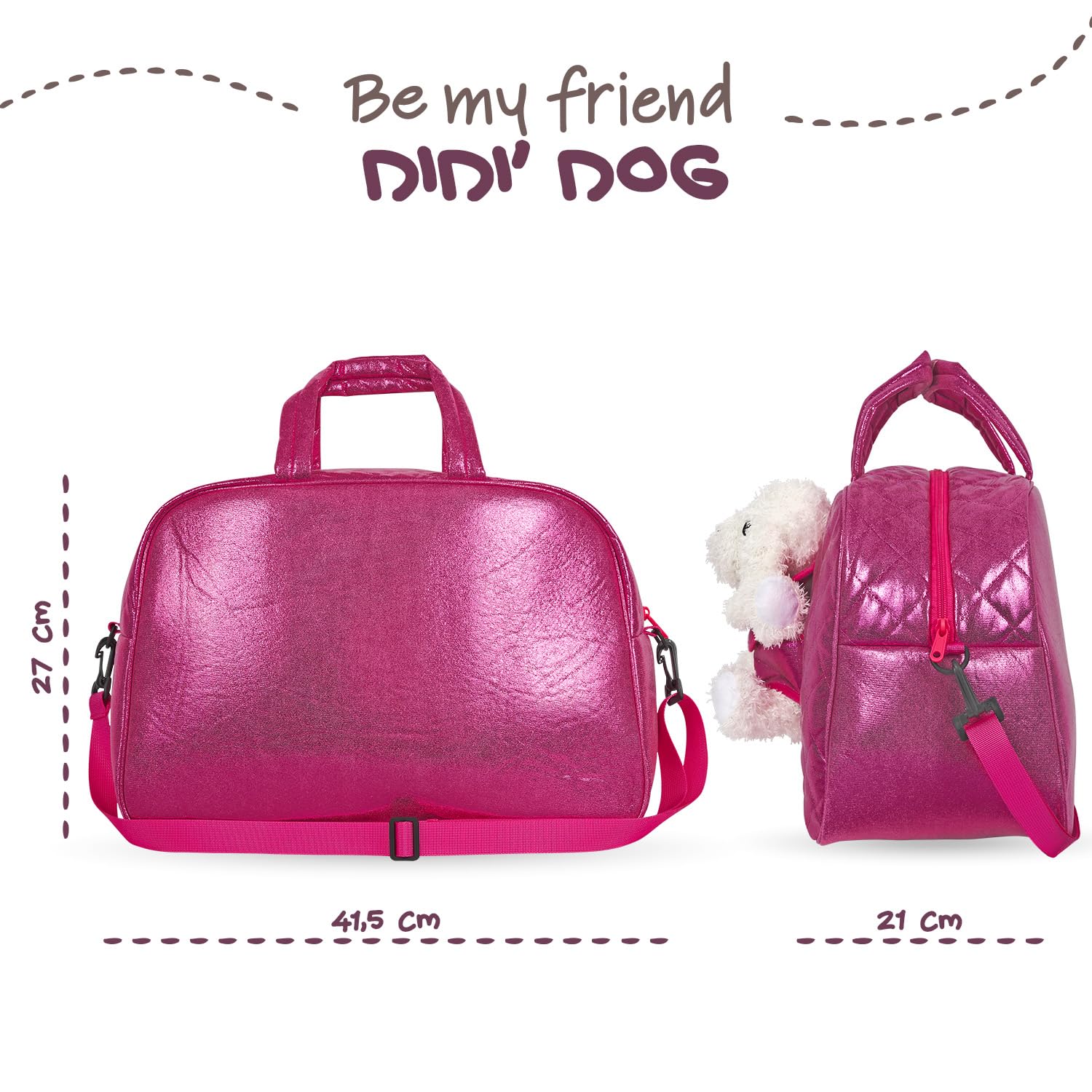 PERLETTI Bolsa de Viaje Deporte Niña con Caniche Peluche - Bolso Niñas Guardería con Perro Peluche Extraíble Rosa - Duffle Bag Regalo Niña 3 4 5 6 Años con Bandolera - 27x41,5x21cm (Bolsa de Viaje)