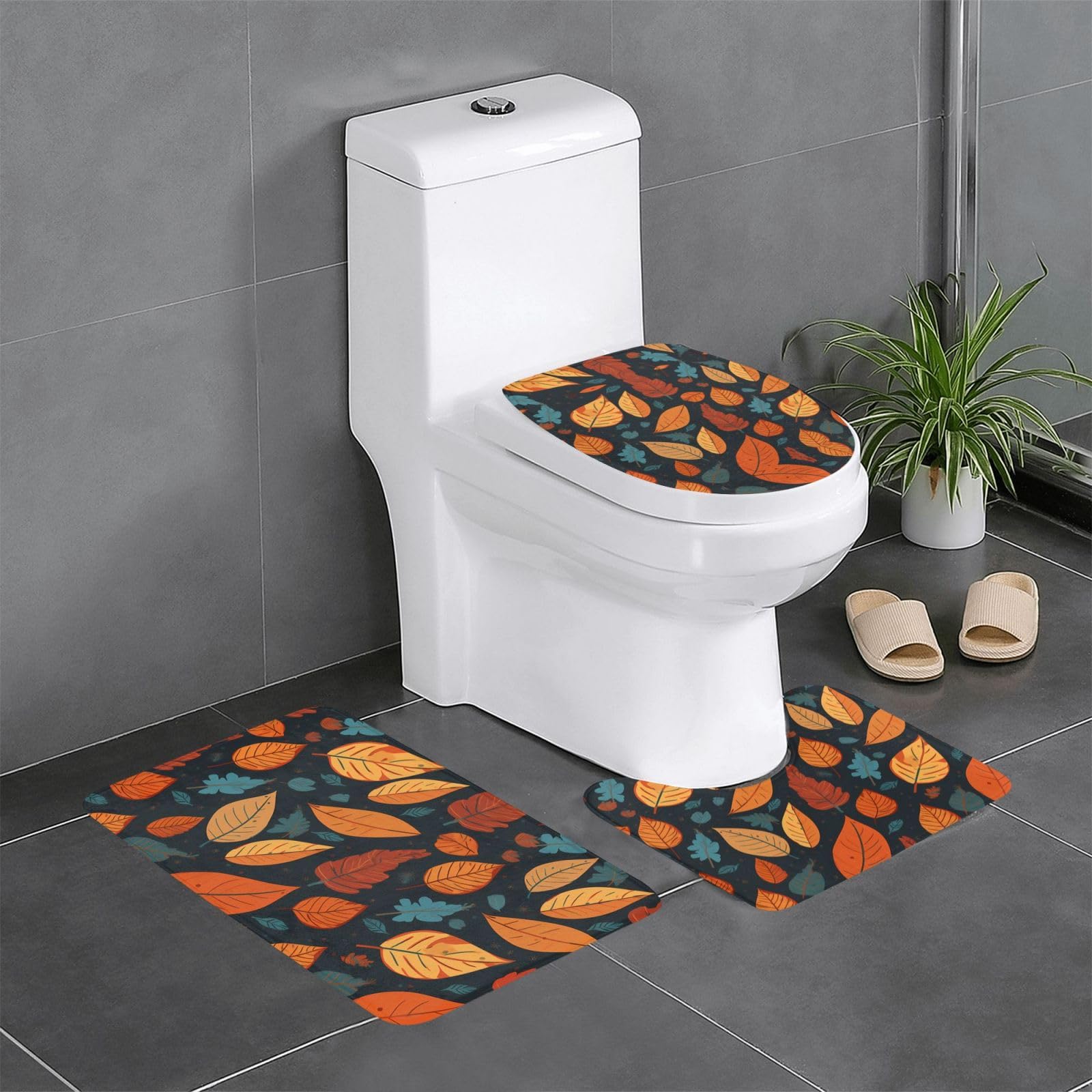 Tapis de salle de bain lot de 3 motif feuilles antidérapant 61x41 cm
