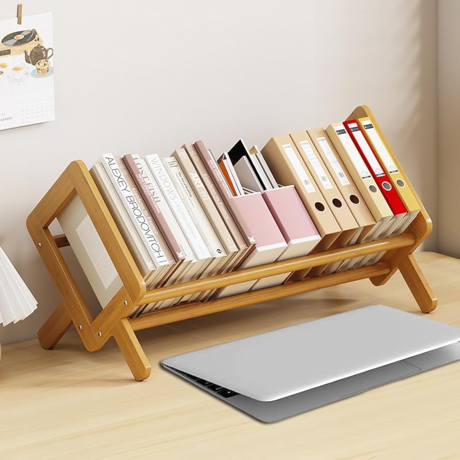 Wood Tilting Bookcase in Living Room/Home/Office, Desktop Book Shelf Organizer Bookshelves Storage Rack for CDs/Magazine/Books Display (Yellow, 16"-L)