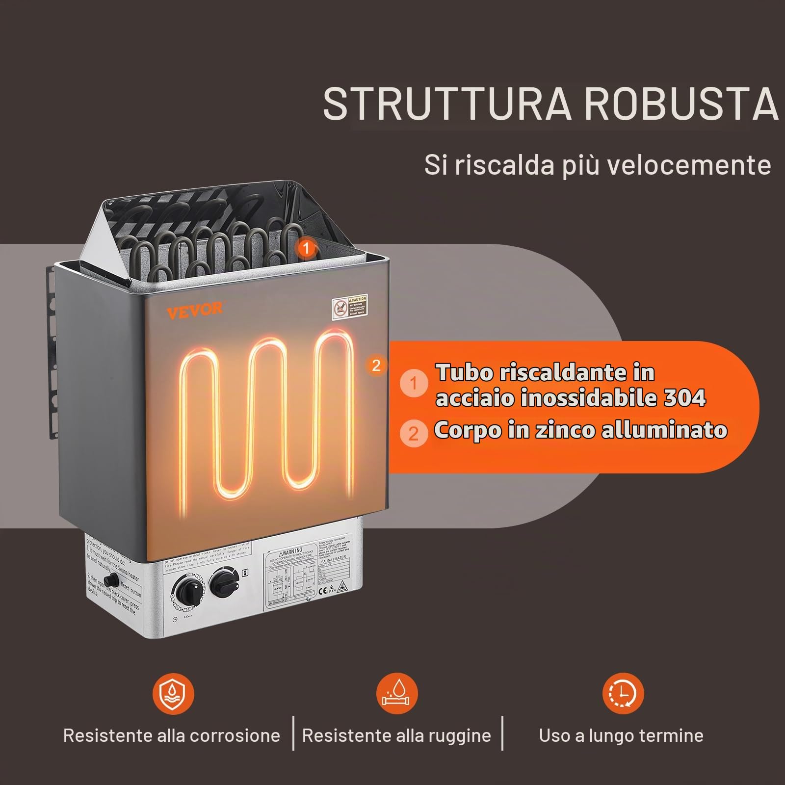 VEVOR Stufa per Sauna Stufa Elettrica per Sauna 8 kW, Riscaldatore Portatile per Sauna Interno/Esterno 400 V 3 N con Timer da 3 Ore Controllo Integrato Uso Domestico 8-12 m³ Spa Commerciale Hotel
