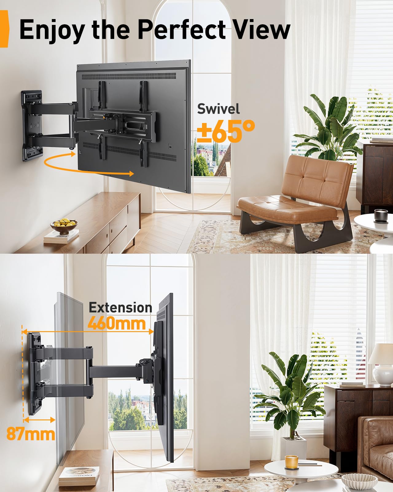 Perlegear TV Wandhalterung für 23-70 Zoll TVs bis 50 kg, Höhenverstellbare Wandhalterung Fernseher mit Schnelle Neigungsverstellung, Fernseher Halterung 55 Zoll Schwenkbar, Max VESA 400x400 mm