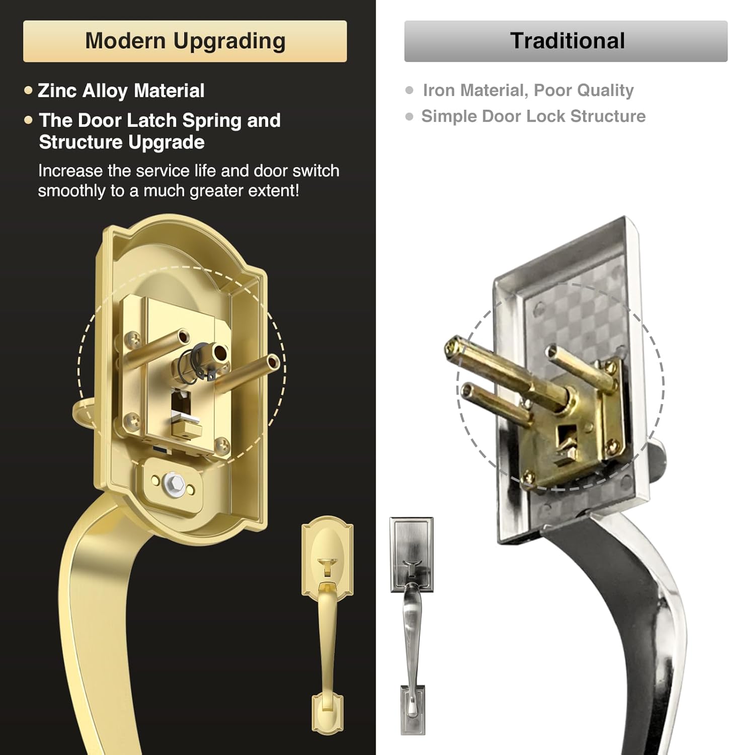 Front Door Lock Set, Gold Front Door Handle and Deadbolt Set, Vintage Exterior Door Lock Set, Front Door Handle with Single Cylinder, Reversible for Right & Left, Satin Brass
