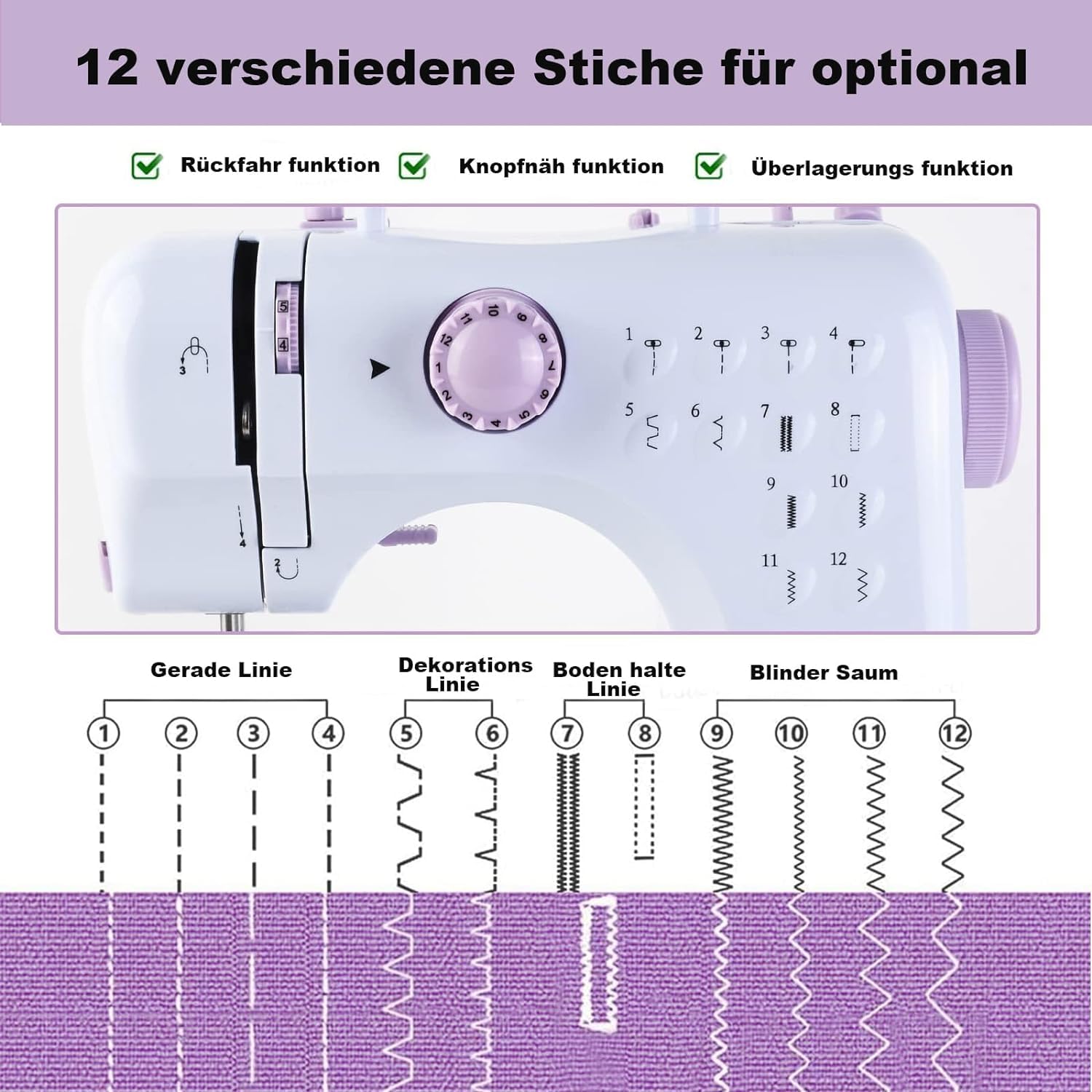 Nähmaschine mit Fußpedal für Anfänger und Kinder, kleine Maschine, 5-Sprachen-Handbuch, 12 eingebauten Stichens, MEGLE FHSM-505