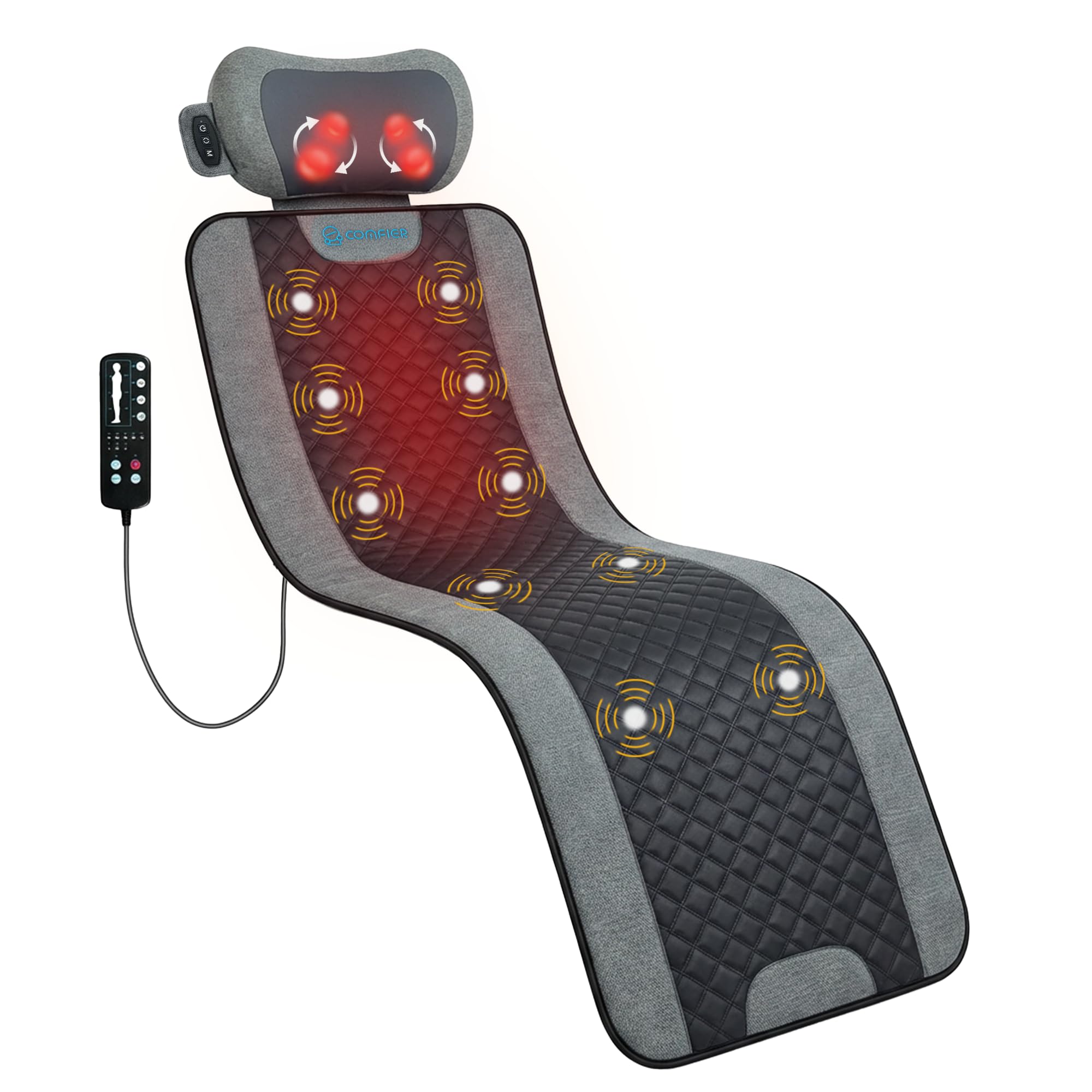 COMFIER 10-Motor Vibration Massage Mat with Detachable Shiatsu Neck Pillow - Full Body Heating Massage Pad, 5 Modes & 3 Intensities, Auto Shut-Off,