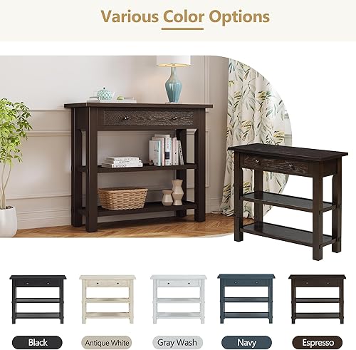 Miniatura 41 de Mesa consola rústica, mesa de sofá de 50 pulgadas de largo con 3 cajones y estante de almacenamiento abierto de 2 niveles, para sala de estar,