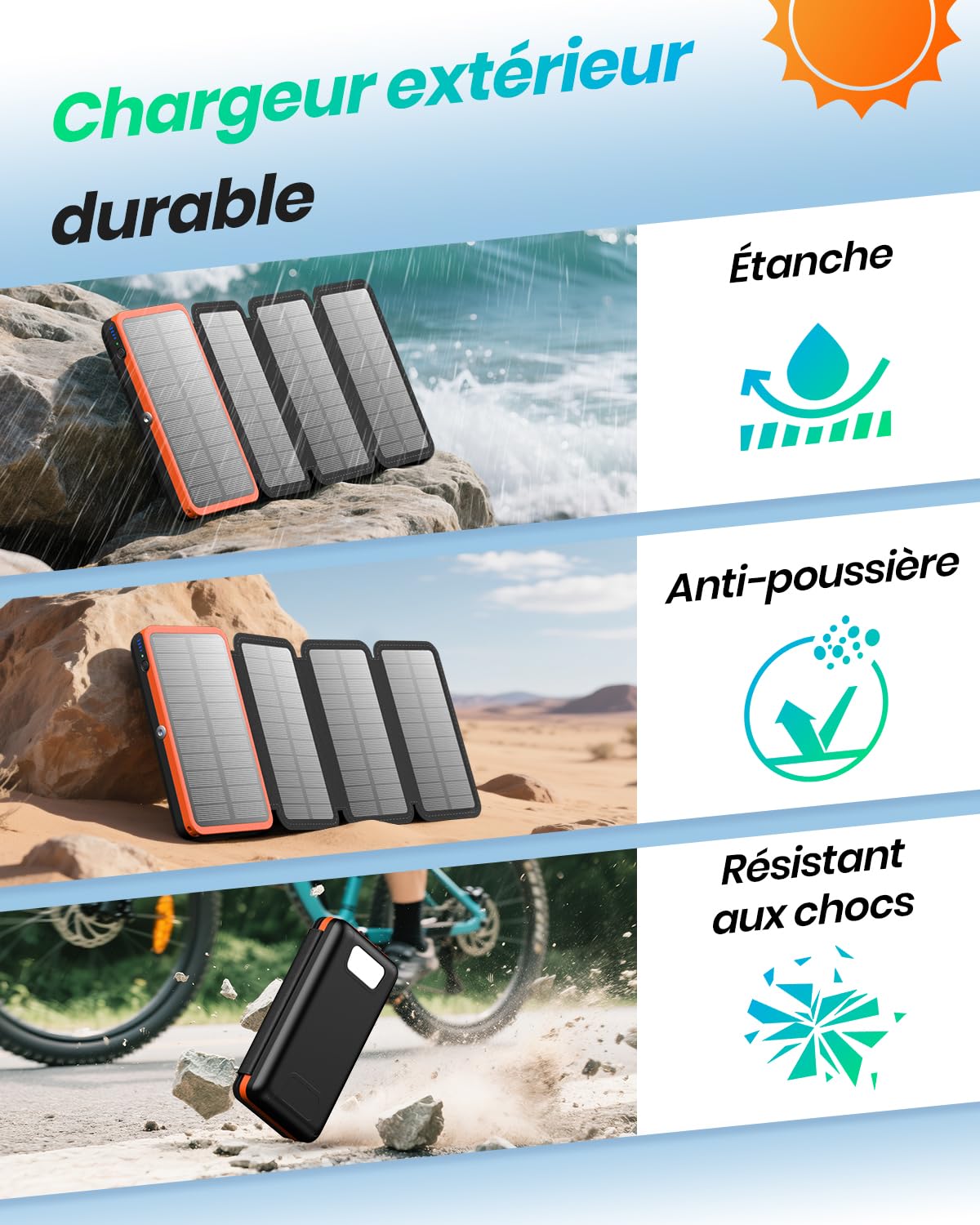 Chargeur Solaire 20000mAh - Powerbank Solaire Charge Rapide 22.5W | 4 Panneaux solaires Pliables, 2 USB A 1 USB C, Chargeur Portable pour téléphones iPhone 17 16 15 14 13 12, tablettes Orange