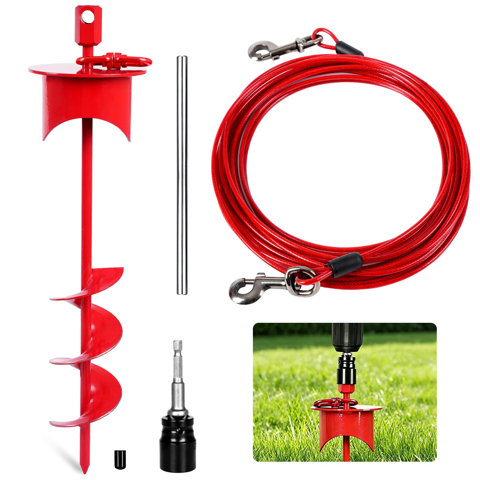 Snagle Paw Dog Tie Out Cable & Stake with Lock Cap, 6M Heavy Duty Rust Proof Cable, 360° Swivel Dog Yard Leash & Stake Up to 220 lbs - Ground Anchor for Yard, Beach, Camping & Outdoor Use