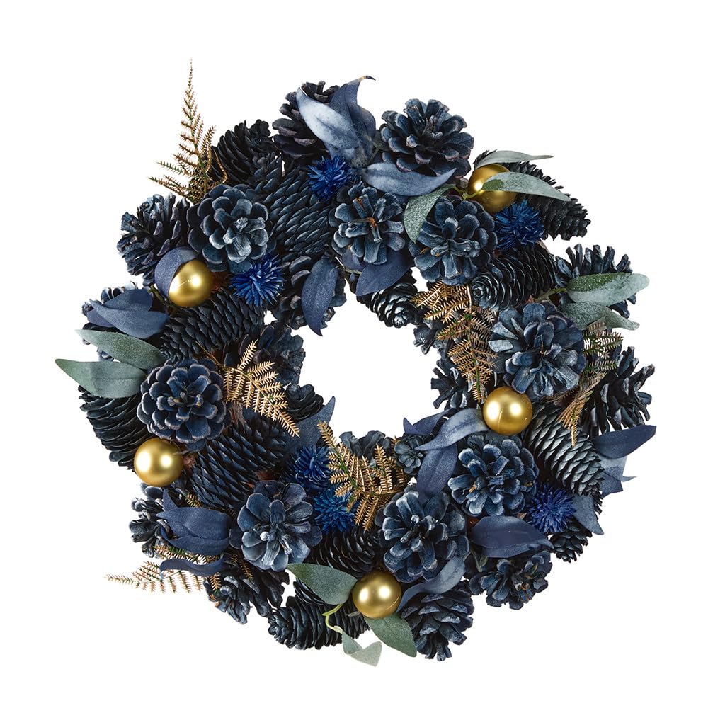 Christmas Wreath Blue Pine Cone Wreath with Gold Leaf & Bauble Decorations