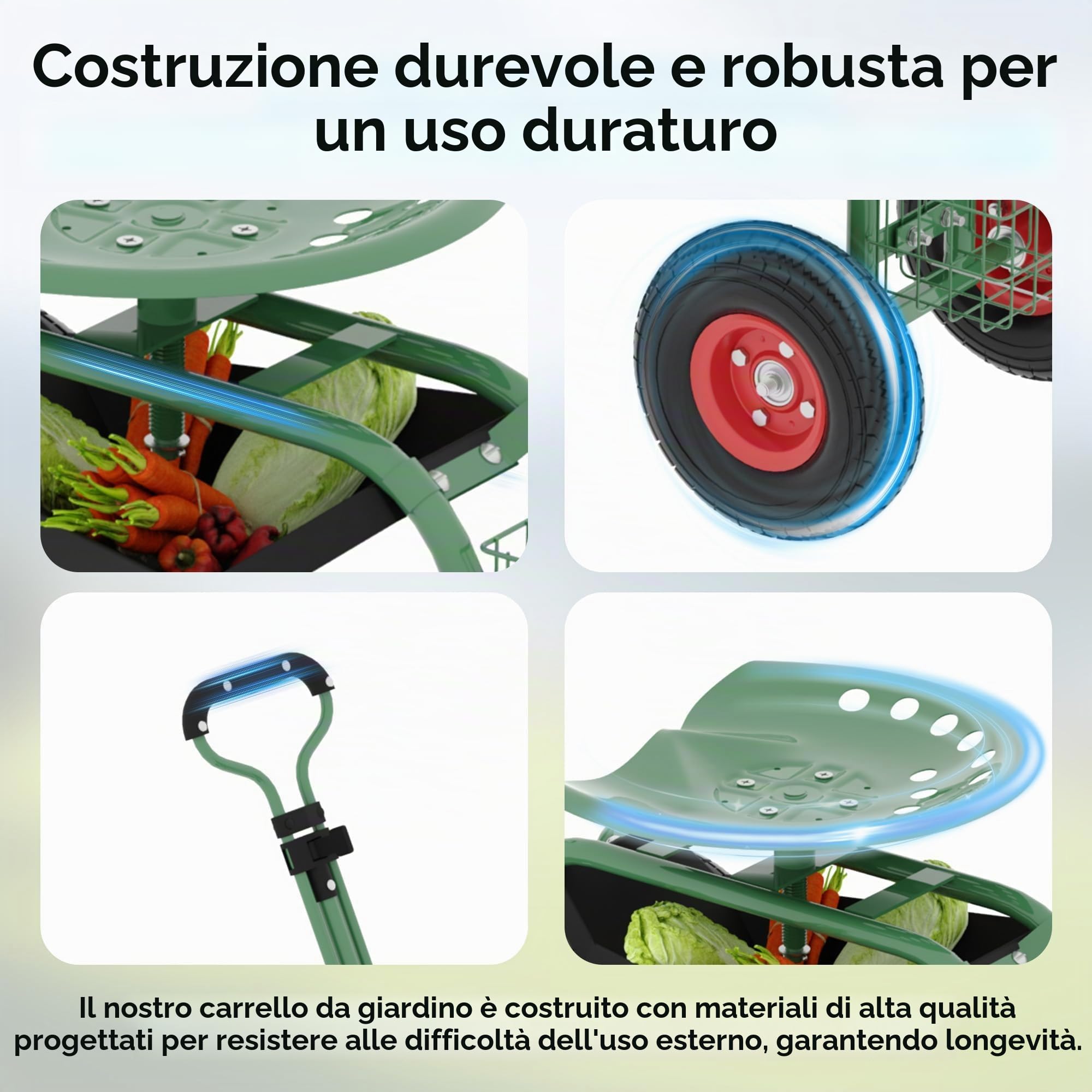 Carrello Da Giardino Con Sedile Su Ruote, Sgabello Da Giardino Con Ruote, Sgabello Da Giardinaggio Resistente Per Piantare Con Sedile Girevole a 360 Gradi, Maniglia Di Sterzo e Vassoio Portau