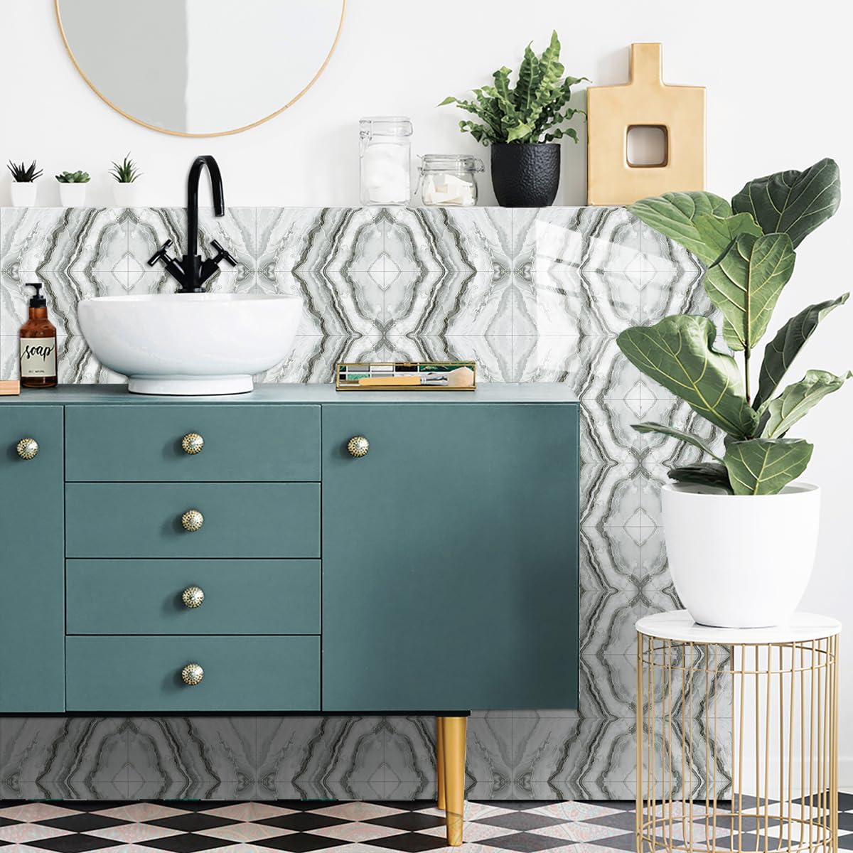 Pegatinas para Azulejos con diseño geométrico Gris, Autoadhesivas, para Colocar sobre Azulejos, Suelos de baño, cocinas y Paredes. Duraderas, Impermeables y Resistentes al Aceite,