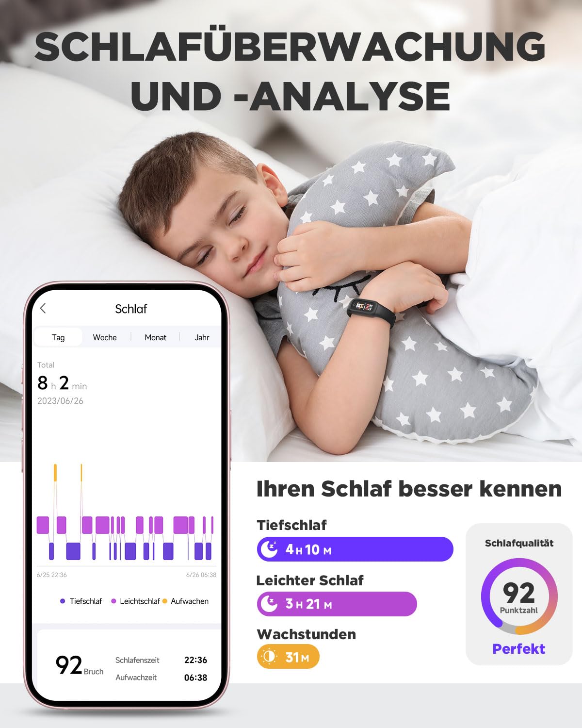 BIGGERFIVE Vigor 2 L Fitness Tracker Uhr Kinder, Fitnessuhr mit Aktivitätstracker, Schrittzähler, Pulsuhr, Schlafmonitor, Kalorienzähler, IP68 Wasserdicht Kinderuhr für Junge Mädchen, Schwarz