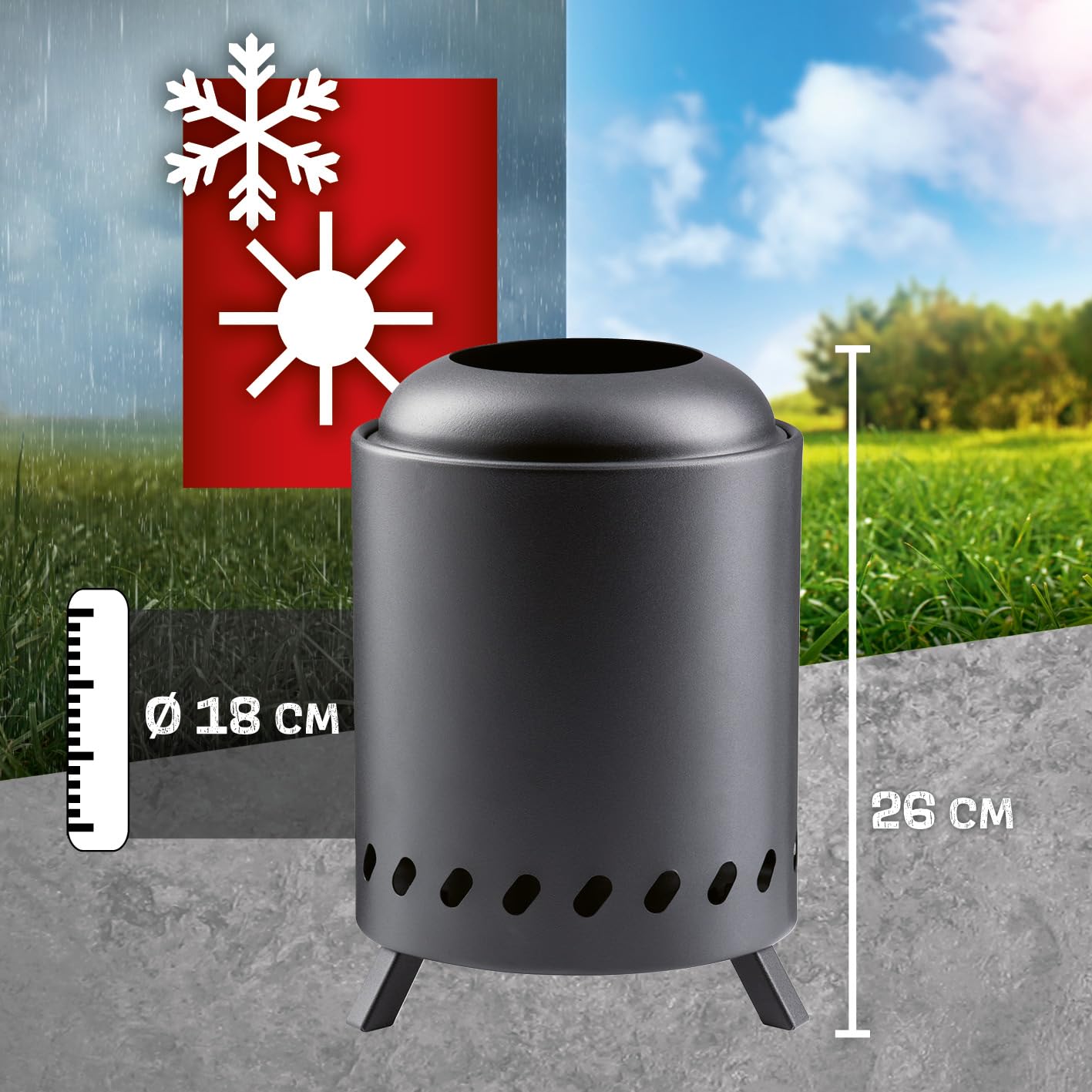 LANDMANN Braciere senza fumo, per esterni, per giardino, terrazza e campeggio, piccolo e rotondo con diametro di 18 cm, combustione del legno a basso contenuto di fumo, efficiente rigestione dell'aria