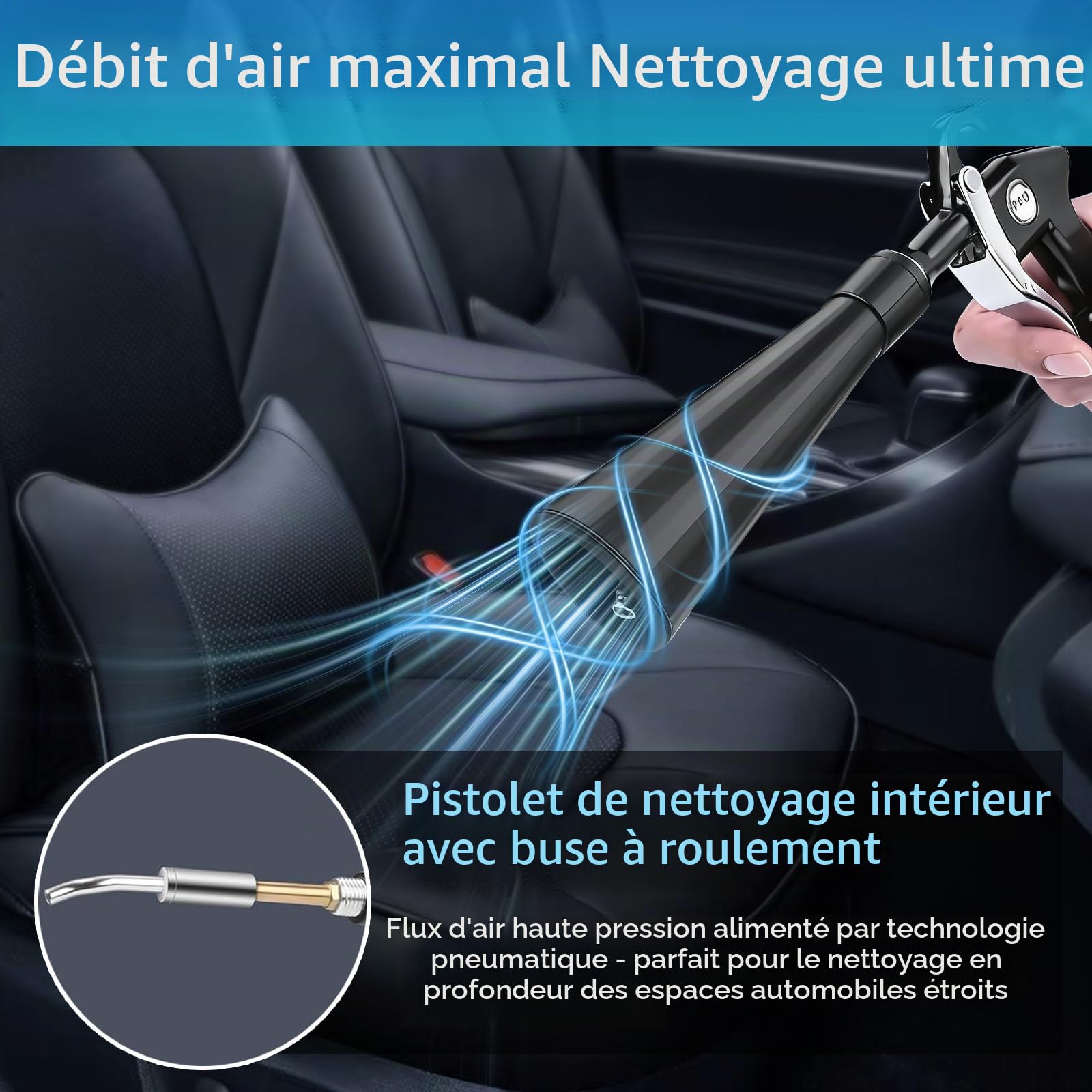 Pistolet de Nettoyage à Air Comprimé pour Auto - Souffleur Haute Pression avec 2 Buses pour Sécher et Nettoyer - Pour Sièges, Moteur, Jantes et Habitacle - Élimination Rapide de Saleté et Poussière