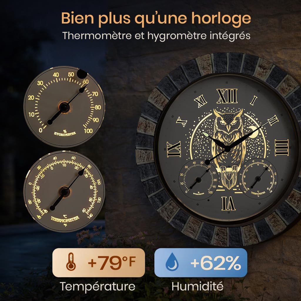 18 Inch Outdoor Clocks Waterproof with Thermometer Hygrometer, Illuminated Smart Night Light Large Patio Outdoor Wall Clock, Silent Battery Operated Outdoor Clock for Garden Pool Porch
