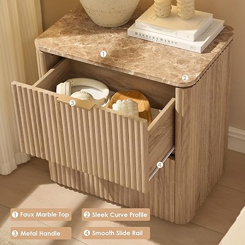 Miniatura 5 de Juego de 2 mesitas de noche acanaladas, mesita de noche con 2 cajones, mesa auxiliar de madera de ingeniería con parte superior de mármol sintético,