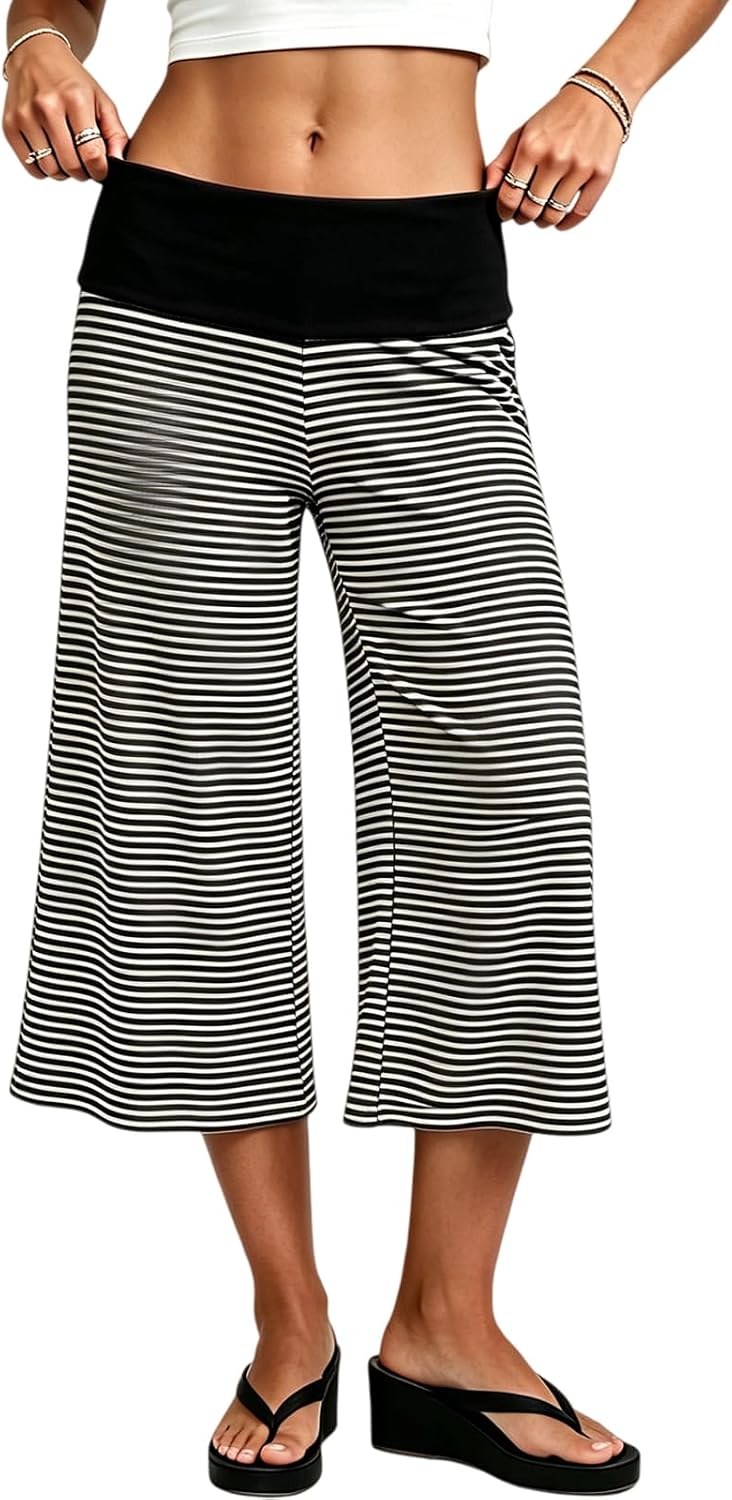 Gaucho Pants for Women Fold Over Low Rise Wide Leg Yoga Capri Pants Summer Comfy Flowy Lounge Culottes Pants