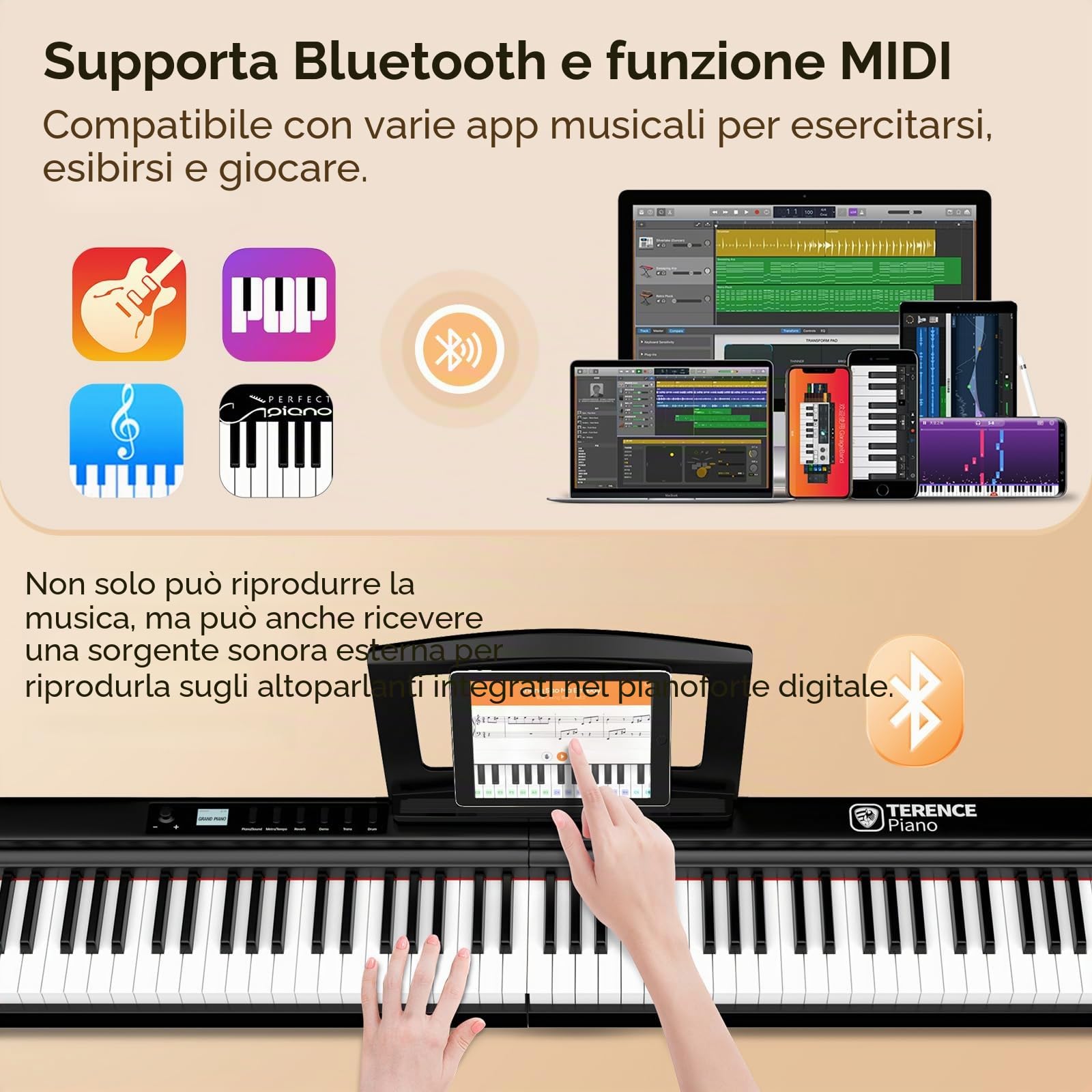TERENCE Pieghevole Pianoforte Digitale 88 Tasti pesati con batteria da 2000 mAh Altoparlanti 2x25W Bluetooth e interfaccia MIDI supporto per spartiti Borsa adesiva Cavo audio con Pedale di sostegno