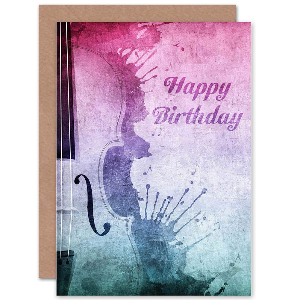 Wee Blue Coo HAPPY BIRTHDAY MUSIC VIOLIN GRUNGE SPLAT BIRTHDAY BLANK GREETINGS CARD