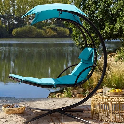 Flamaker Patio Hammock Lounge Chair Hanging Chaise Lounger Chair Hammock Stand Outdoor Chair Floating Chaise Swing Chair with Canopy (Blue)