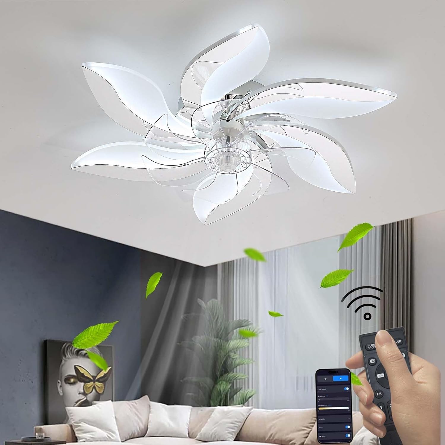 HXYSXHJUO Ceiling fan light LED Bedroom Fan Light with Lighting Timer Reversible Pinwheel Shape Dimmable 6 Speed Silent 60 Watt - Gold (Chrome)
